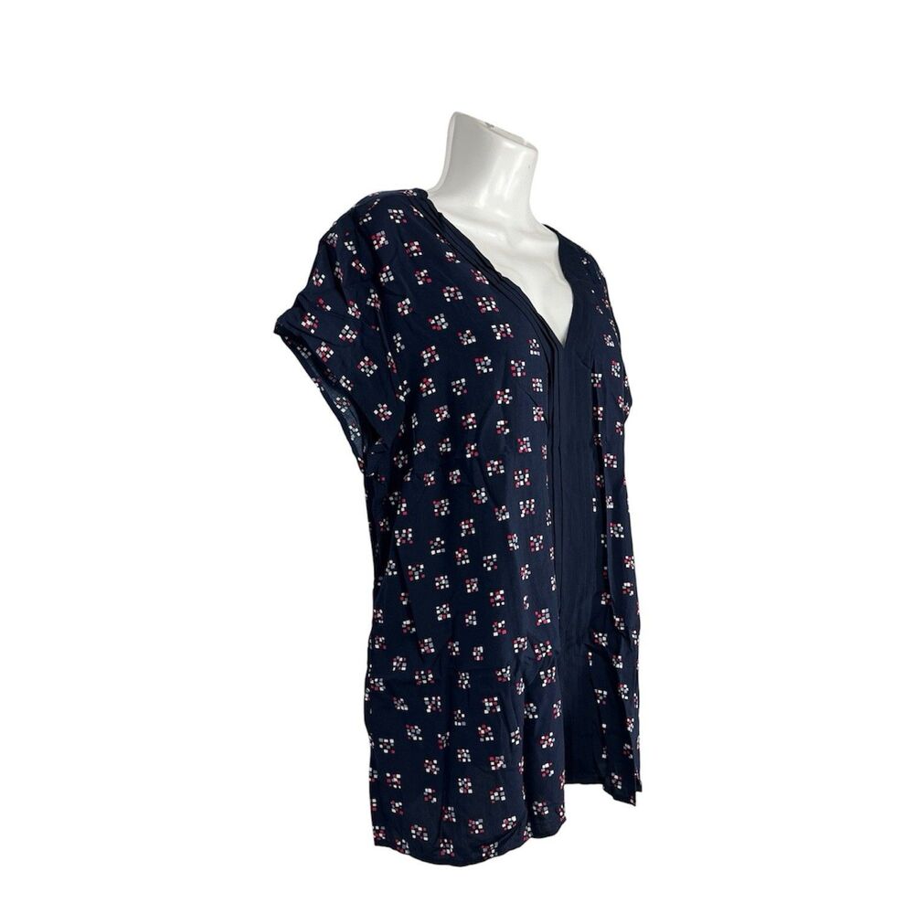 Tommy Hilfiger XXL Navy Pleated V-Neck Blouse Mosaic Print Short Sleeve Career - Picture 3 of 8